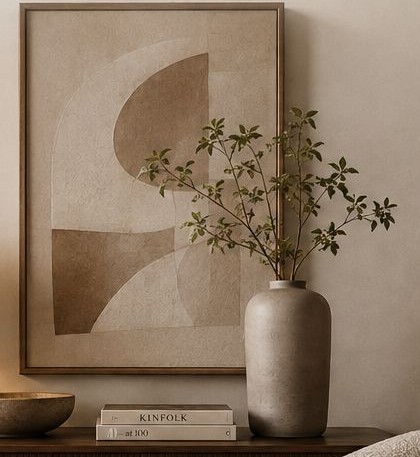 Abstract artwork with a ceramic vase and branches