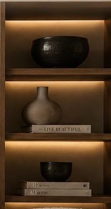 Backlit shelving with ceramics and books